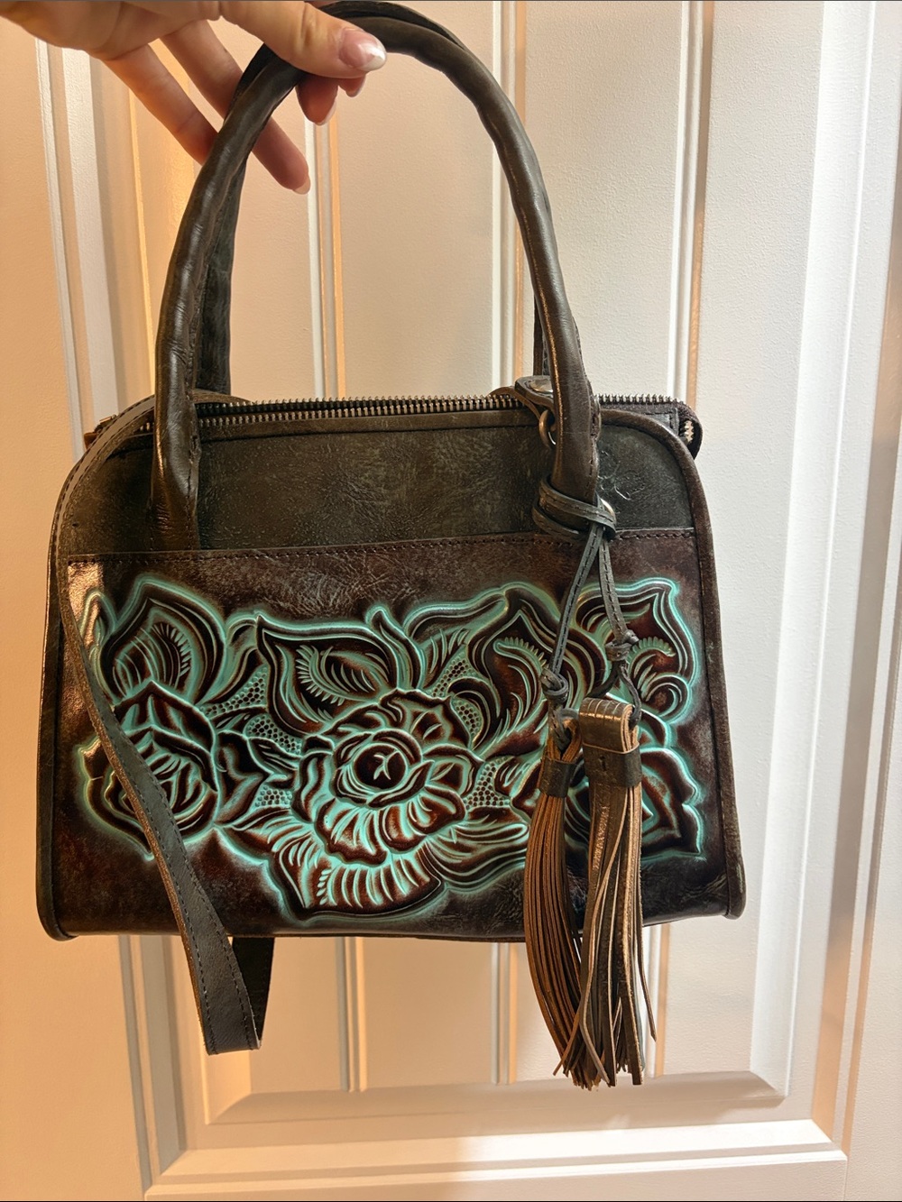 Artisan Tooled Brown Leather Satchel with Turquoise Accents
